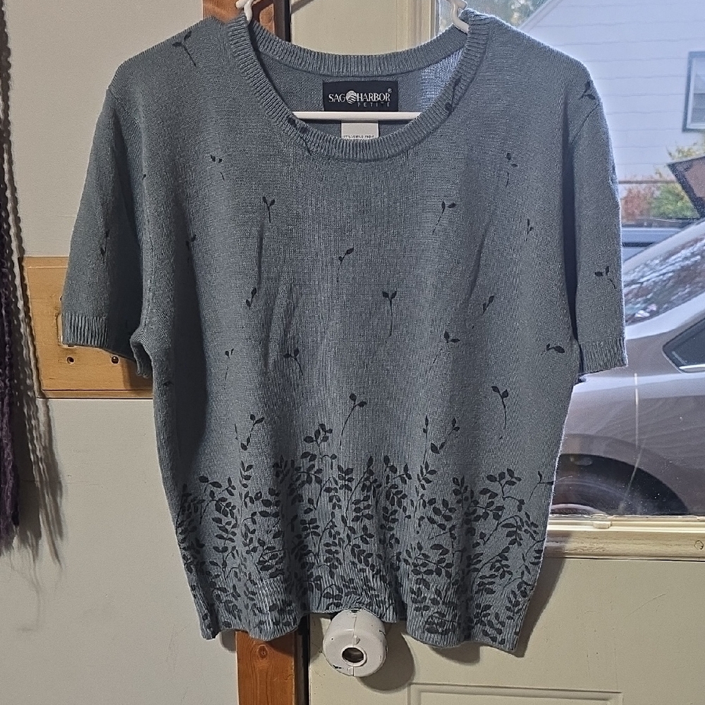 Sag Harbor Teal Floral Crew Neck Sweater